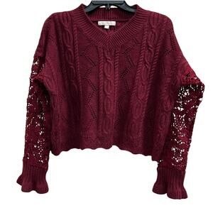 Burgundy red Whimsigoth festival lace sleeve cable knit oversized sweater Sz S